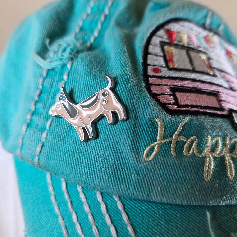 Happy Camper Slideback Hat Greenish-Blue One Size Adjustable Distressed Dog Pin - Picture 3 of 10